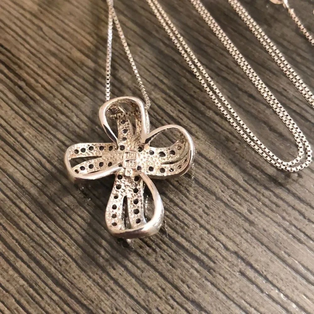 Vintage Loopy Bow Cross Necklace with Pale Purple Stones Sterling Silver
